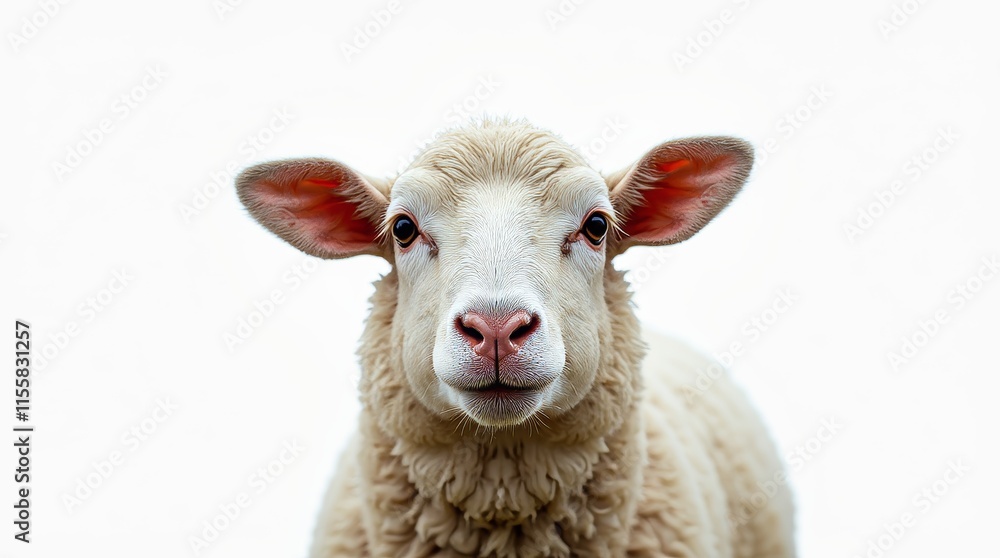 Fototapeta premium Detailed Close-up Portrait of a Sheep on White Background