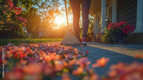 Gardener cleaning stone pathway surrounded by colorful flowers on a sunny day