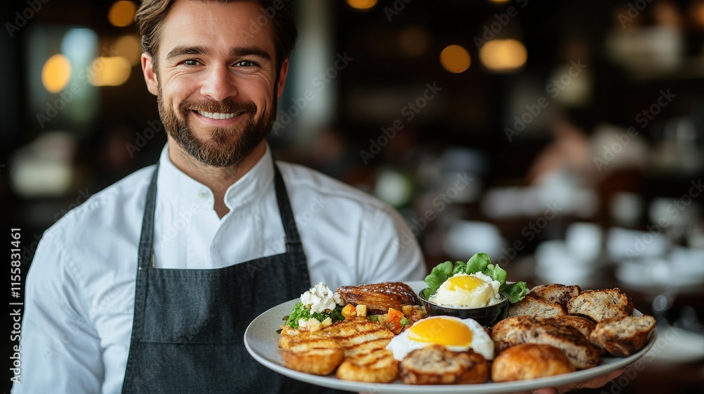 Cheerful Man in Apron Serving Delicious Breakfast Platter with Eggs, Potatoes, Meat, and Salad at a Cozy Restaurant Setting Cheerful Man in Apron Serving Delicious Breakfast Platter with Eggs, Potatoes, Meat, and Salad at a Cozy Restaurant Setting