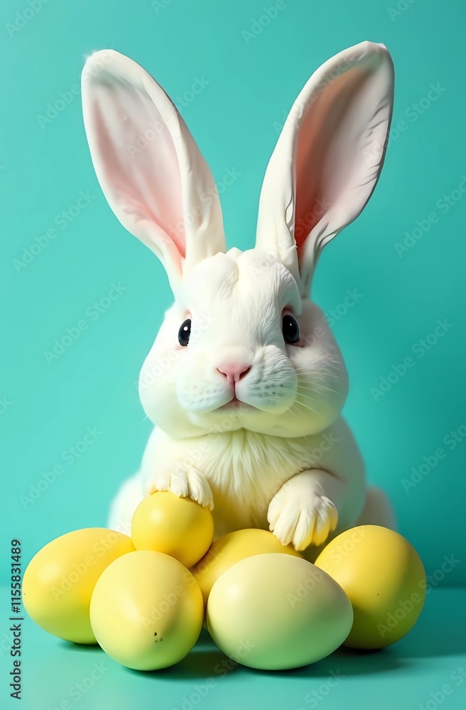 Obraz premium Easter holiday. Easter bunny, pink and yellow eggs on isolated pastel pink background with copy space