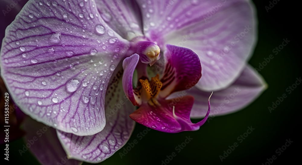 Extremely close up of wild orchid with water droplets 