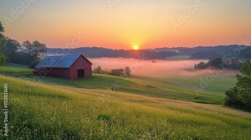 Golden sunrise over a tranquil field with mist and mountains in the background