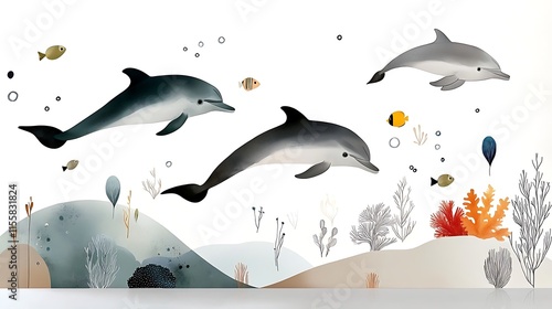 Three dolphins swimming in ocean with coral reef and small fishes.