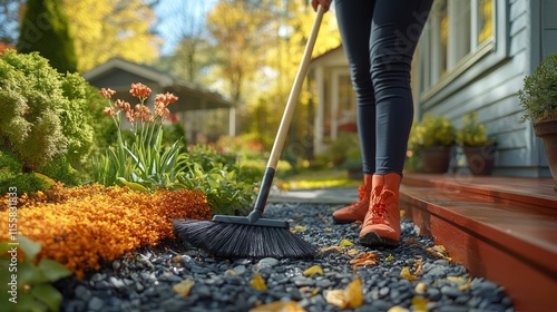 Gardener cleaning stone pathway surrounded by colorful flowers on a sunny day