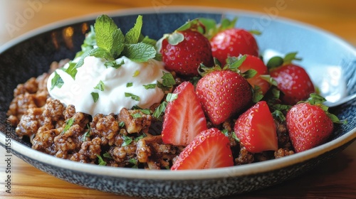 Delicious waffles topped with fresh strawberries, yogurt, and granola in a co...