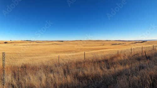 Golden wheat fields stretching to the horizon under a clear blue sky, creating a sense of abundance.