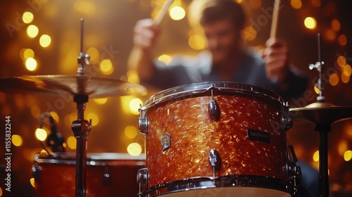 Live drummer performing in a vibrant music venue during a nighttime concert e...