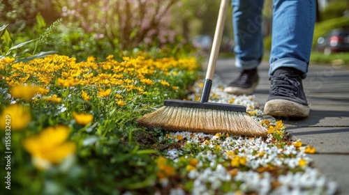 Gardener cleaning stone pathway surrounded by colorful flowers on a sunny day