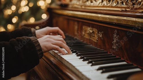 Hands play piano surrounded by warm holiday lights in cozy indoor setting