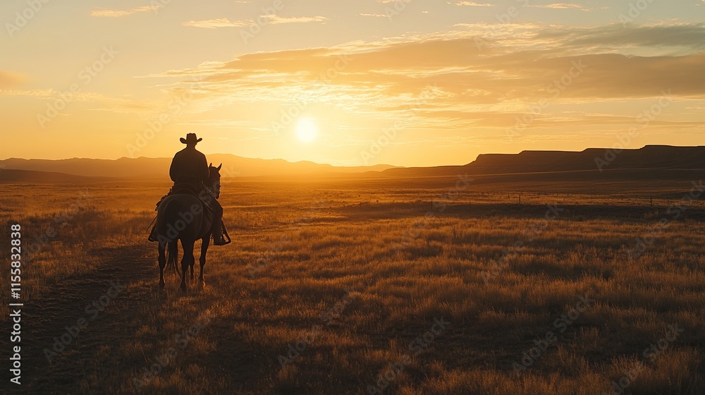 Obraz premium Silhouetted cowboy rides horse across vast golden prairie at sunset. Epic western scene.