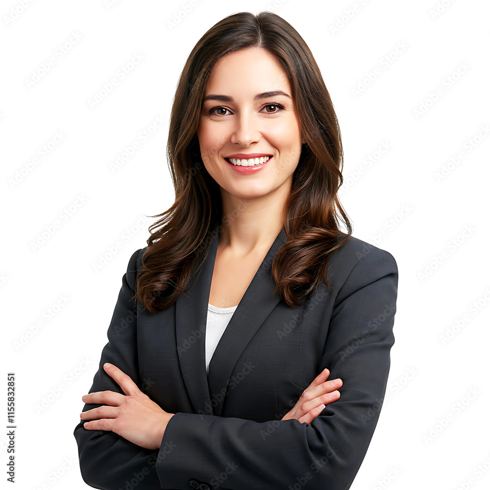 Professional Businesswoman in Dark Suit Jacket and White Blouse with Arms Crossed in Studio Portrait On Transparent Background Professional Businesswoman in Dark Suit Jacket and White Blouse with Arms Crossed in Studio Portrait On Transparent Background