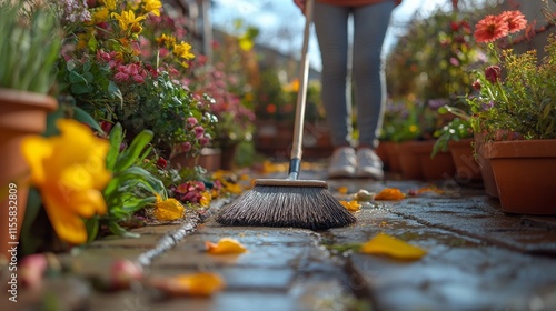 Gardener cleaning stone pathway surrounded by colorful flowers on a sunny day