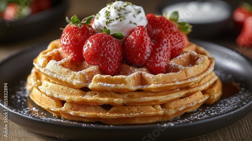 Delicious waffles topped with fresh strawberries, yogurt, and granola in a co...