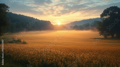 Golden sunrise over a tranquil field with mist and mountains in the background