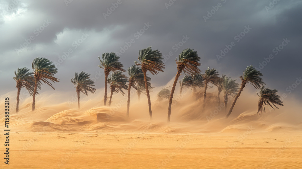 Palm trees bending under the force of a desert storm, with sand dunes in the background. Palm trees bending under the force of a desert storm, with sand dunes in the background.