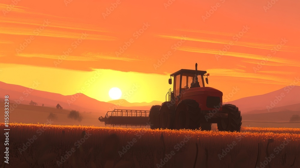 Fototapeta premium Warm Harvesting Scene at Dusk in a Farm Setting
