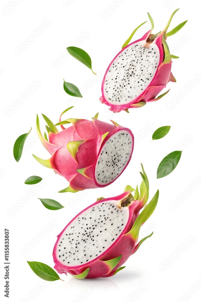 a plain white background featuring several fresh dragon fruits with white flesh appearing to float in mid-air a plain white background featuring several fresh dragon fruits with white flesh appearing to float in mid-air