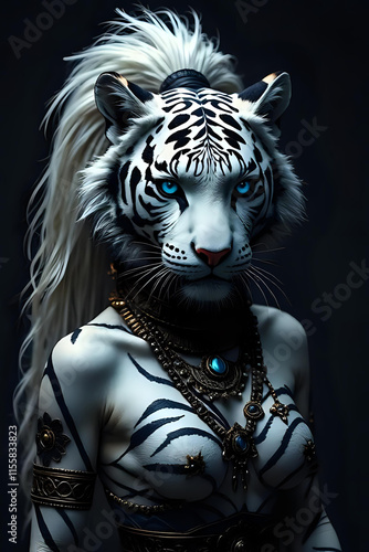 a humanoid white tiger's head and body, adorned with jewelry and tattoos. photo