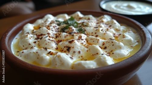 Creamy yogurt dish with spices served in traditional bowl at restaurant