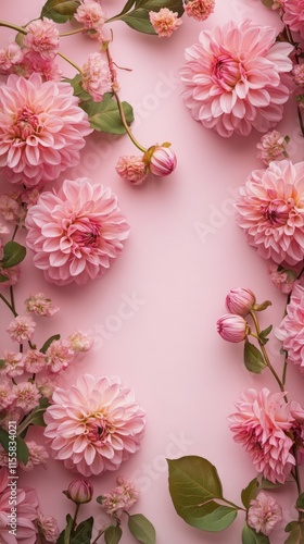 Beautiful arrangement of pink flowers on a soft pink background for a delicat...