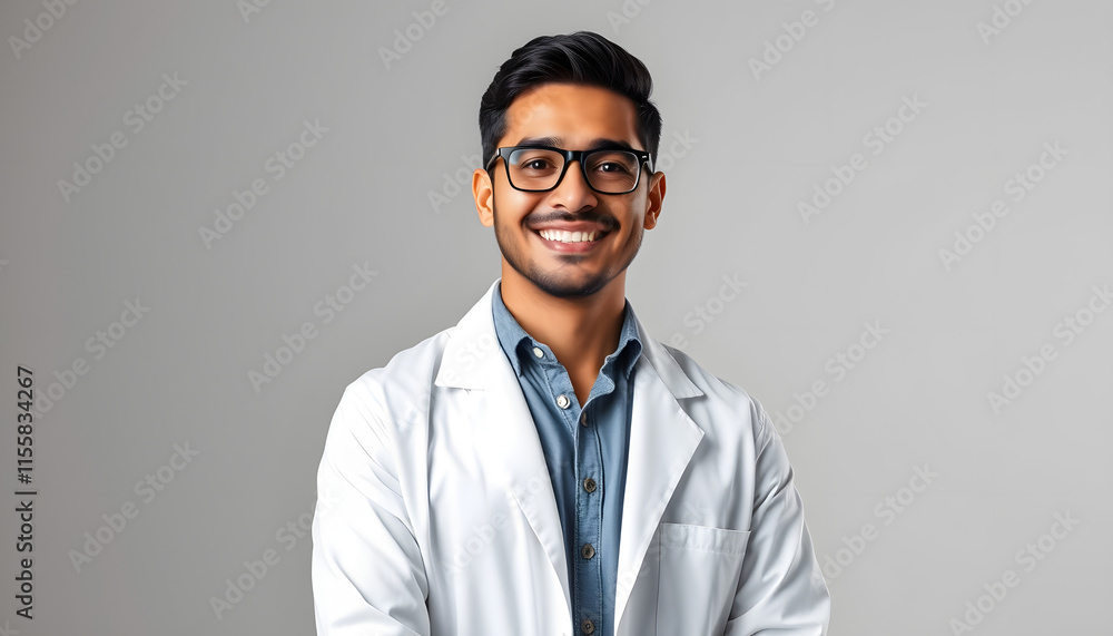 Adult hispanic scientist or doctor man wearing white coat over isolated background with a happy and cool smile on face. Lucky person, studio lighting. isolated with white shades