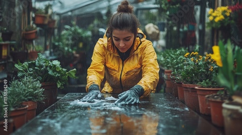 Gardener preparing soil in a greenhouse during morning hours