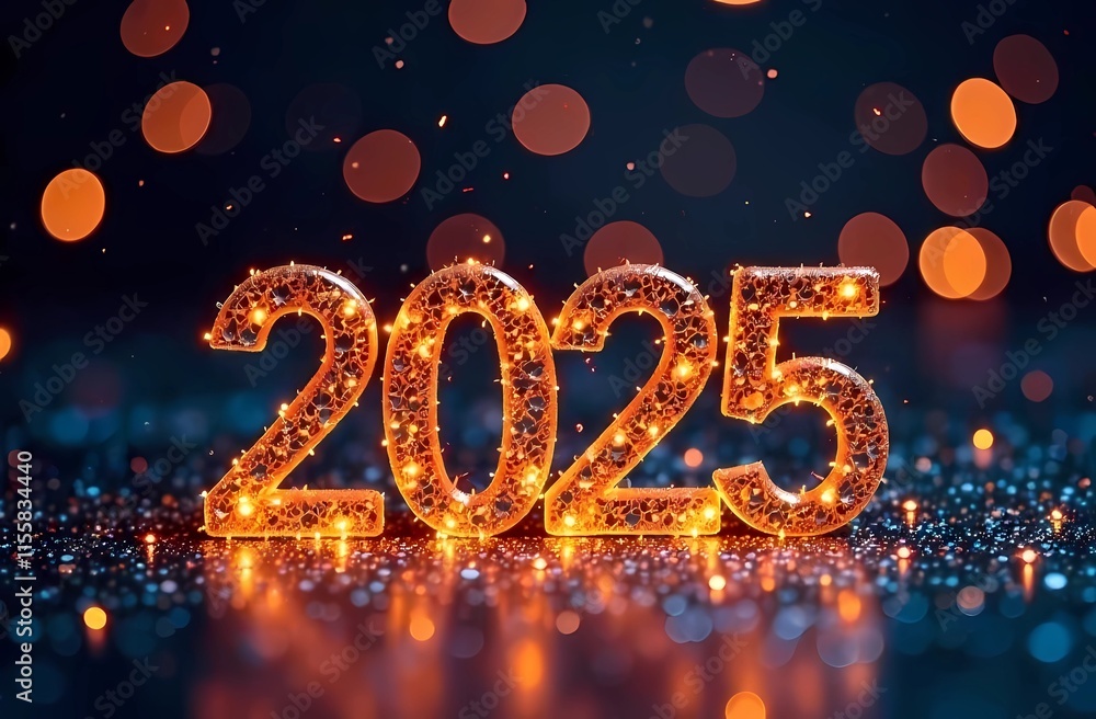 Happy New Year 2025 background, illustration for holiday design with lights and fireworks Happy New Year 2025 background, illustration for holiday design with lights and fireworks