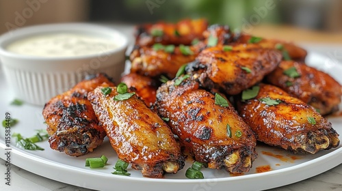 Flavorful chicken wings served with creamy dip and garnished with fresh herbs...