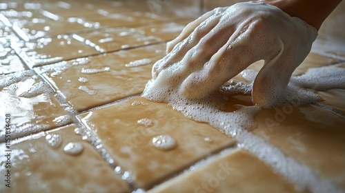Hands in yellow gloves cleaning tiled floor with soap and water in a bright area