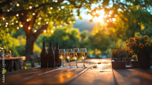 Elegant table setting with sparkling drink and fresh fruits at sunset gathering
