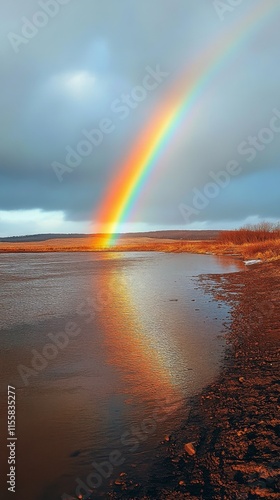 Colorful rainbow arcs over serene lake in a picturesque landscape at dusk