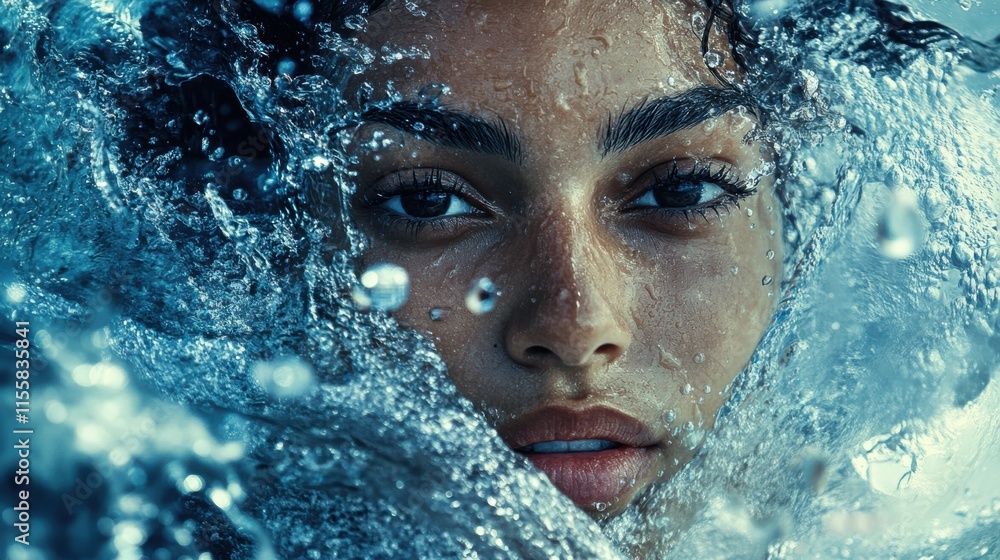 Captivating female underwater portrait with splashing water and intense gaze Captivating female underwater portrait with splashing water and intense gaze