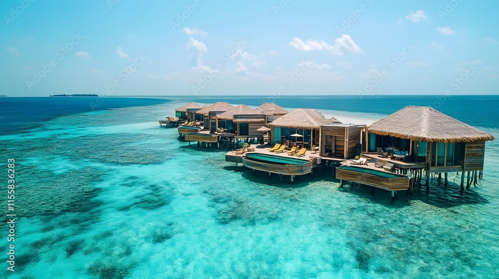 Obraz premium Overwater bungalows line a pristine turquoise lagoon