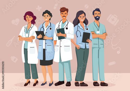 Team of hospital medical staff standing together. Group of male and female physicians, nurses, paramedics, and doctors. Medicine workers vector illustration.
