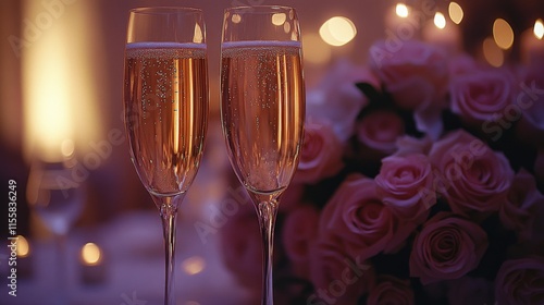 Toasting with sparkling wine at a romantic evening celebration with floral ce...