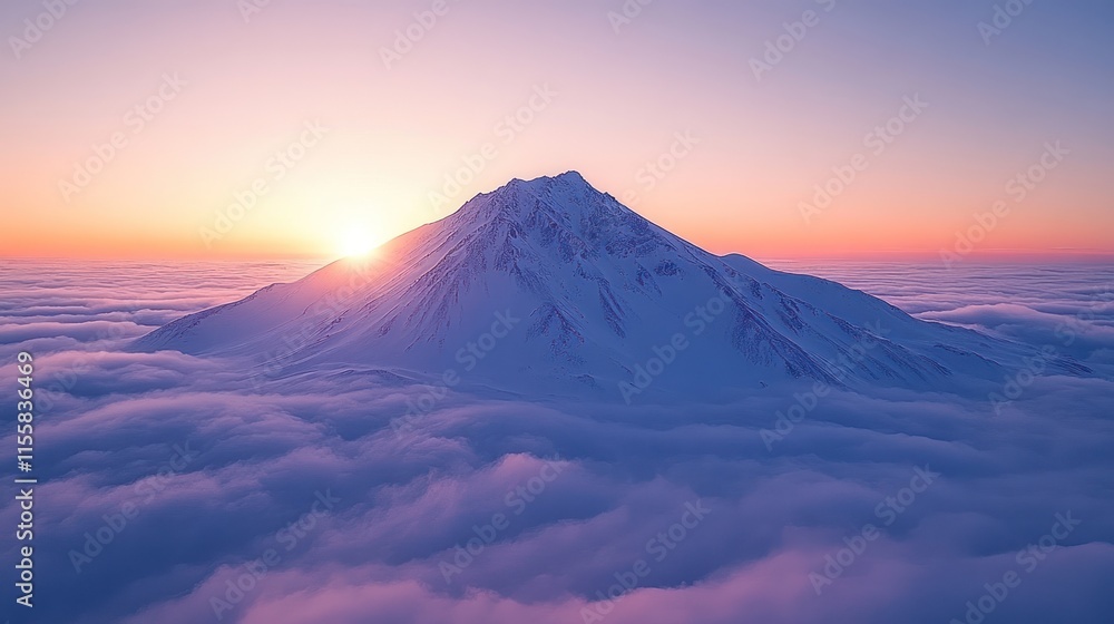 Majestic snow-capped mountain peak rising above a sea of clouds at sunrise. Majestic snow-capped mountain peak rising above a sea of clouds at sunrise.