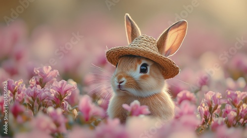 Cute rabbit wearing a straw hat among vibrant flowers in sunny garden setting