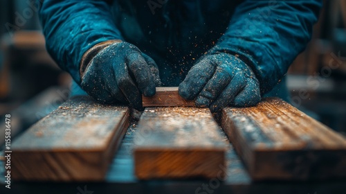 Craftsman shaping wood with chisel and hammer in workshop