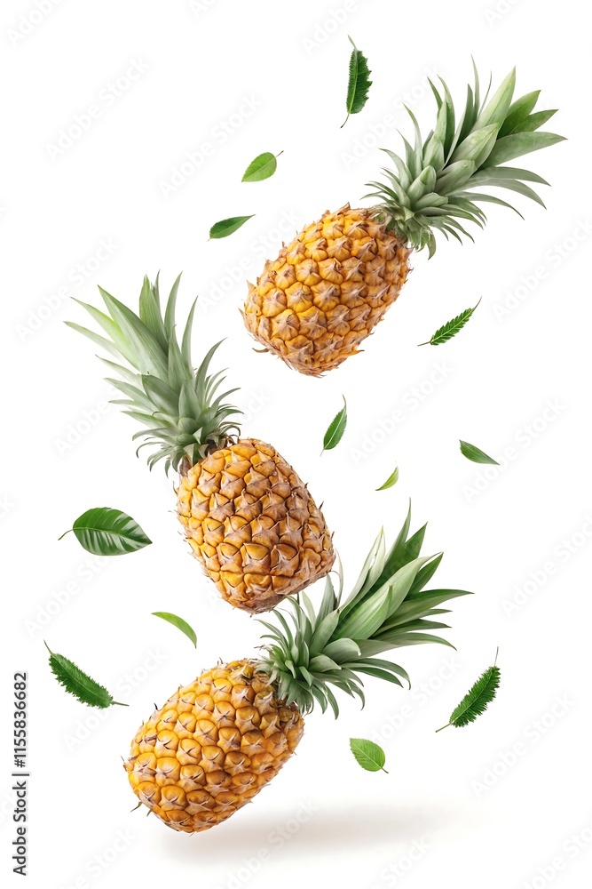 a plain white background featuring several fresh pineapples appearing to float in mid-air a plain white background featuring several fresh pineapples appearing to float in mid-air