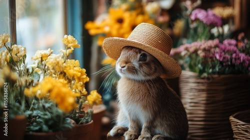 Cute rabbit wearing a straw hat among vibrant flowers in sunny garden setting
