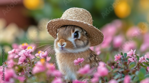 Cute rabbit wearing a straw hat among vibrant flowers in sunny garden setting