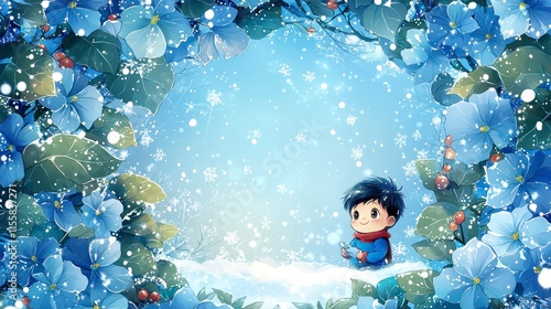 Charming Winter Scene Featuring a Young Boy Surrounded by Vibrant Blue Flowers and Snowflakes, Perfect for Holiday Themes and Winter Celebrations in a Manga Style photo