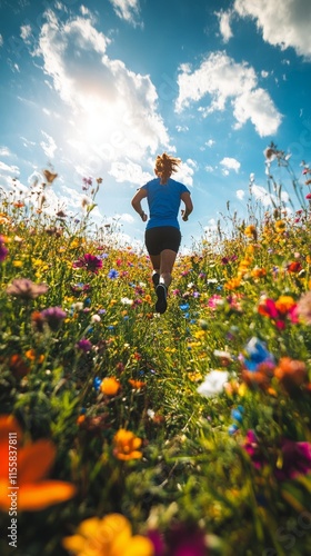 Running through a vibrant wildflower field on a sunny day