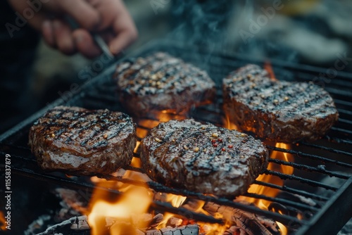 Grilling marbled steaks over bright flames at a rustic outdoor barbecue event