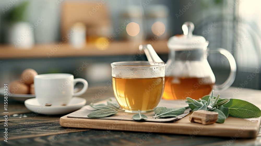 Sage tea with fresh sage leaves on a dark background, copy space Sage tea with fresh sage leaves on a dark background, copy space