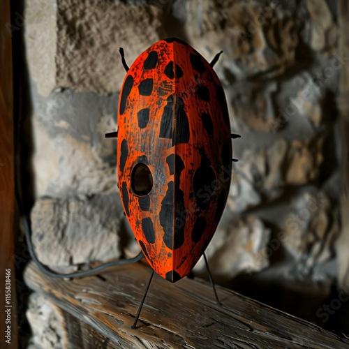 Handpainted wooden ladybug mask black red spots stands wooden surface against stone wall bathed soft light photo