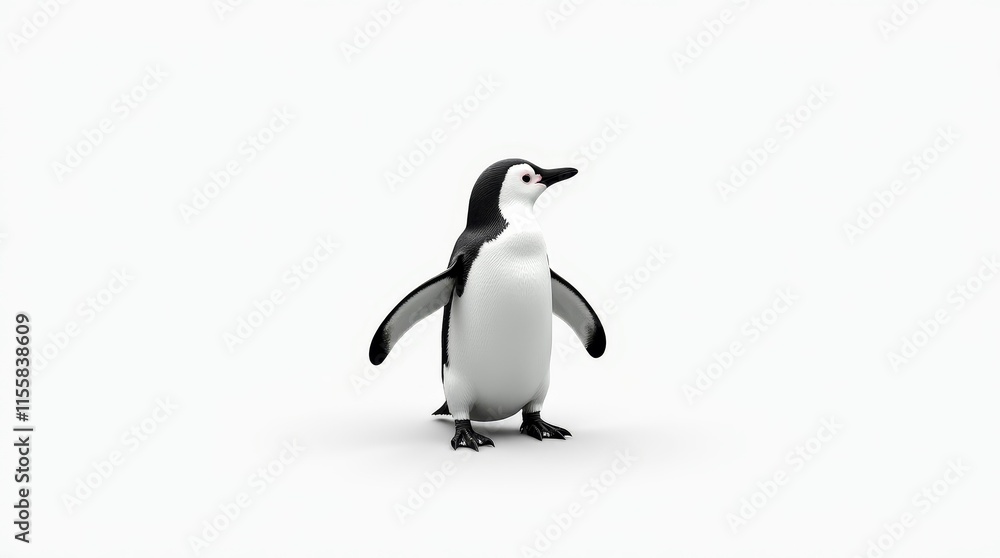 Fototapeta premium Distant Portrait of a Partially Visible Penguin on White Background