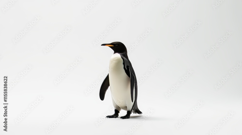 Fototapeta premium Distant Portrait of a Partially Visible Penguin on White