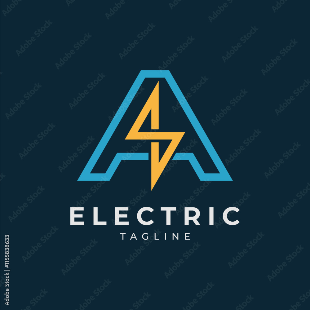 Letter A Electric Logo, letter A with lightning bolt icon inside, plug design logo template, vector illustration Letter A Electric Logo, letter A with lightning bolt icon inside, plug design logo template, vector illustration