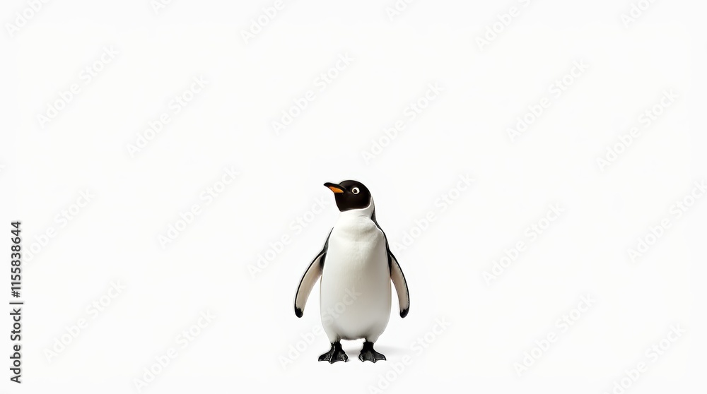 Fototapeta premium Distant Portrait of a Partially Visible Penguin on White Background